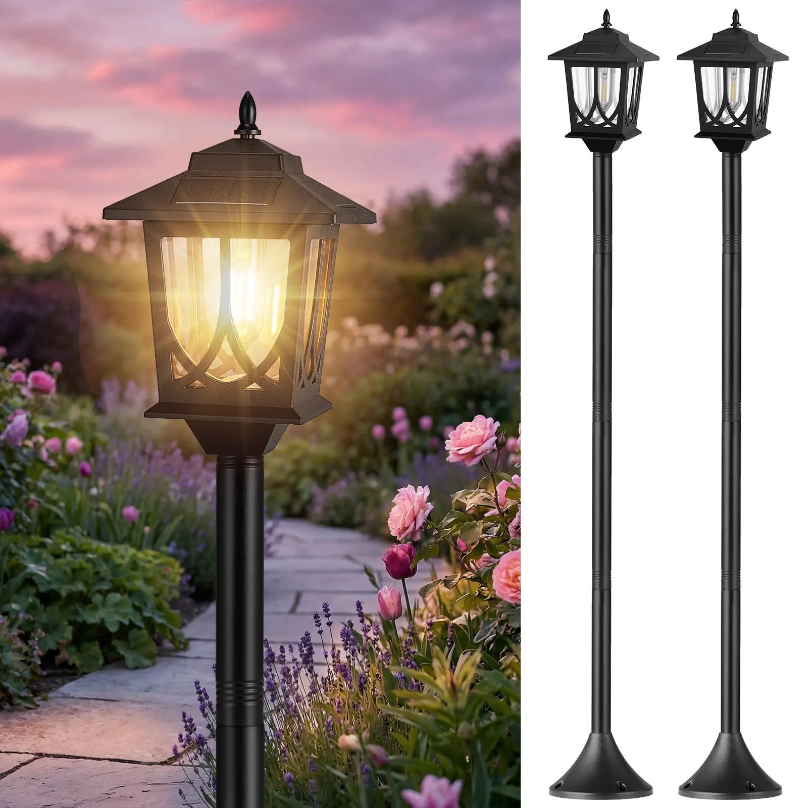 DERAYSION 2 Pack IP44 Waterproof Solar Pathway Lamp Post Lights, Adjustable Height, Auto Dusk-To-Dawn 3000K Warm White Outdoor Lights for Garden Yard Driveway Decor