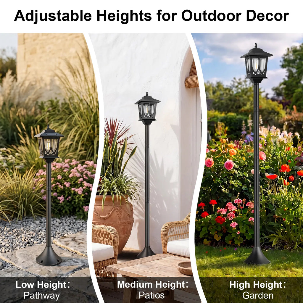 DERAYSION 2 Pack IP44 Waterproof Solar Pathway Lamp Post Lights, Adjustable Height, Auto Dusk-To-Dawn 3000K Warm White Outdoor Lights for Garden Yard Driveway Decor