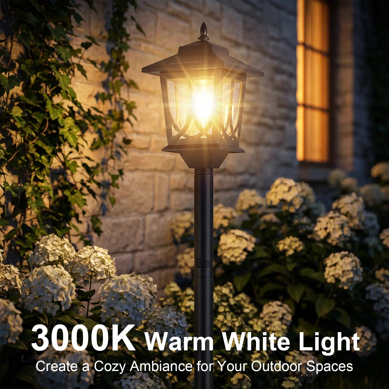 DERAYSION 2 Pack IP44 Waterproof Solar Pathway Lamp Post Lights, Adjustable Height, Auto Dusk-To-Dawn 3000K Warm White Outdoor Lights for Garden Yard Driveway Decor