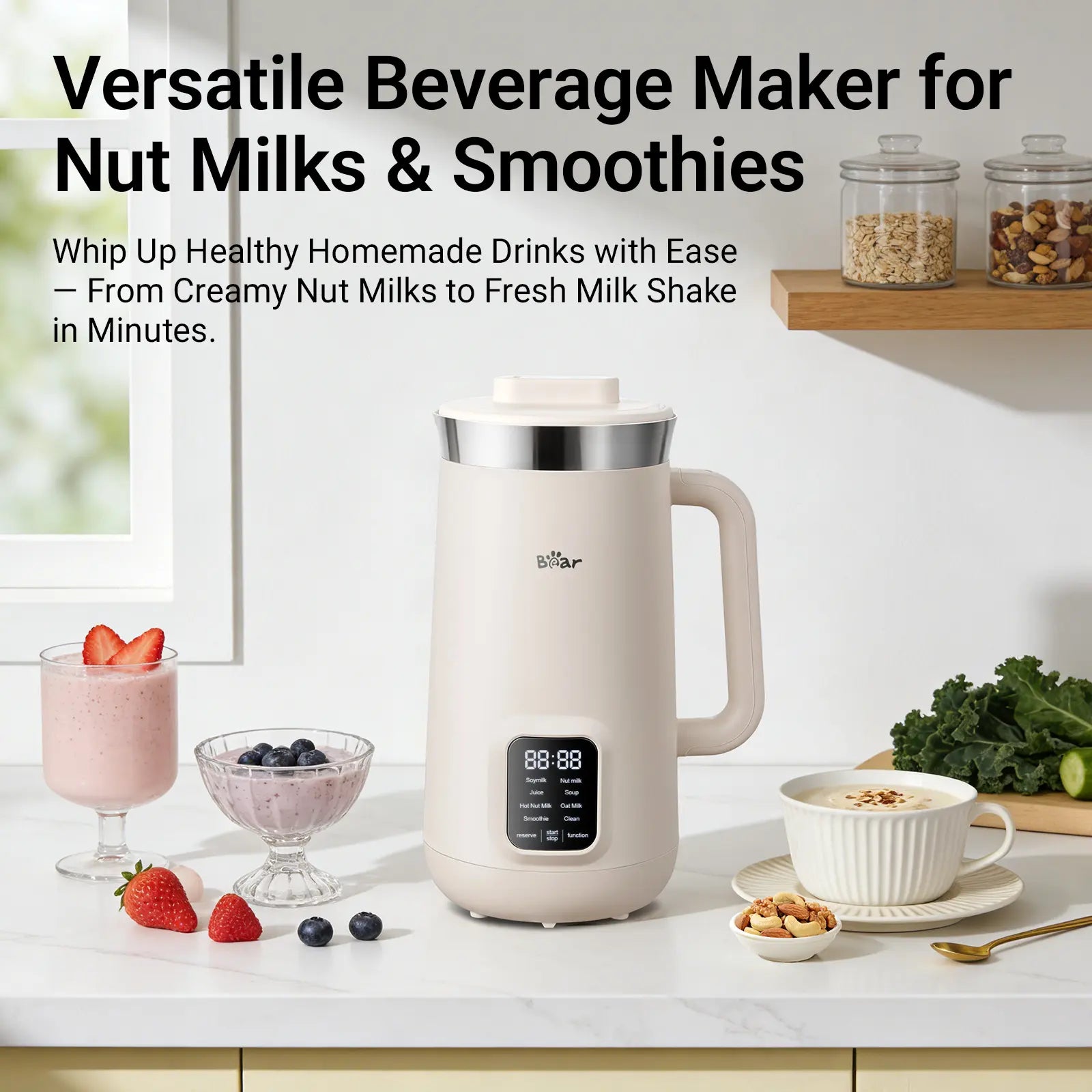 Bear 8-in-1 Nut Milk Maker: Create Fresh Soy, Almond, Oat Milk & More with Self-Cleaning and Delay Features