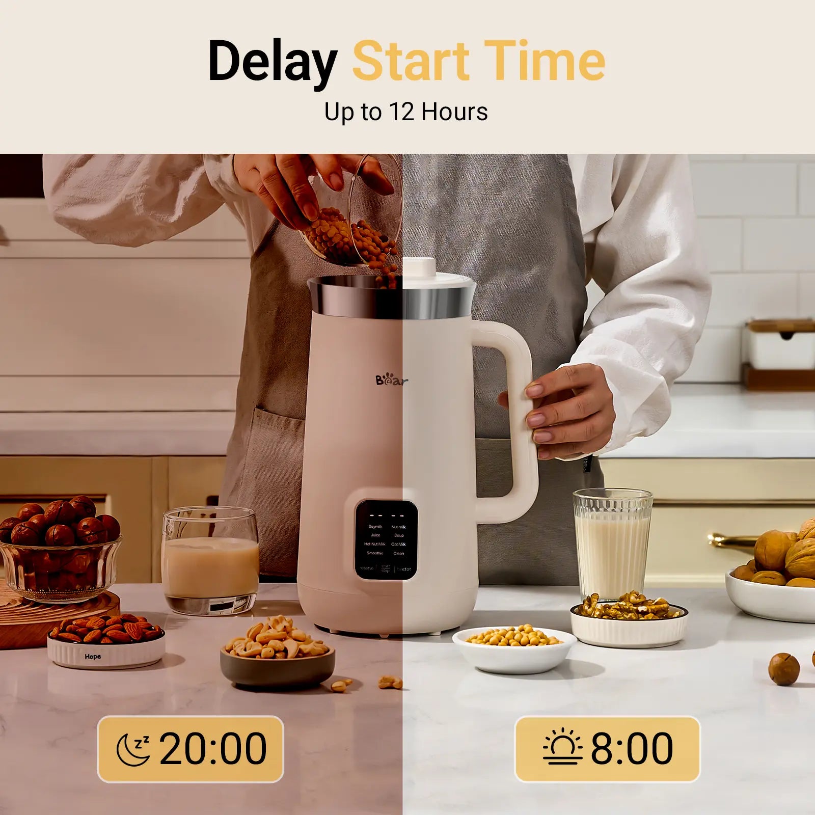 Bear 8-in-1 Nut Milk Maker: Create Fresh Soy, Almond, Oat Milk & More with Self-Cleaning and Delay Features