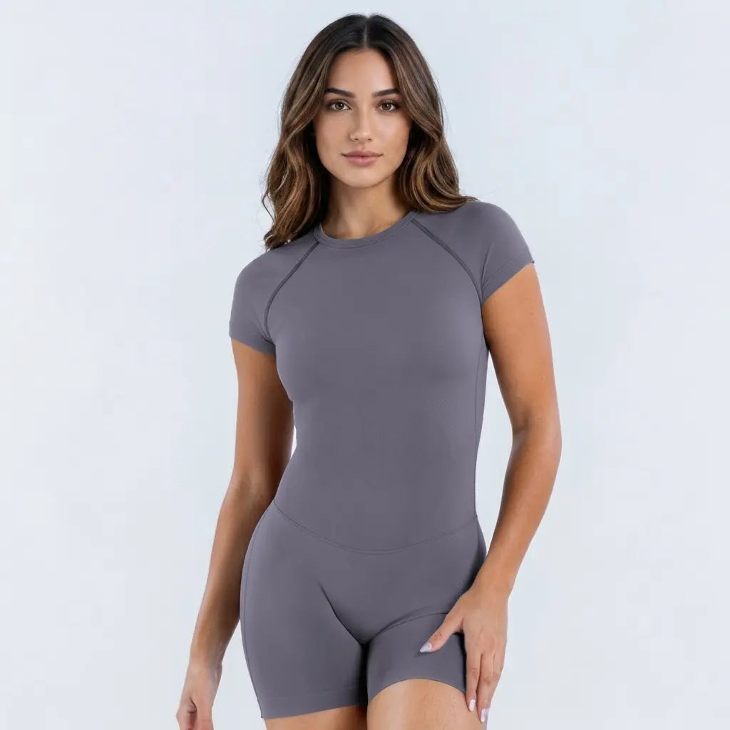 [SIZE up 1] DEEFY Impact Short Sleeve One Piece Women'S Seamless Workout Unitard Tummy Control Butt Lifting Short Sleeve Yoga Romper [STRONG COMPRESSED]